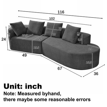 Orellar 116" Modern Curved Sectional Sofa with High-Density Fully Compressed Sponge and Chaise Lounge, Pearl Upholstery