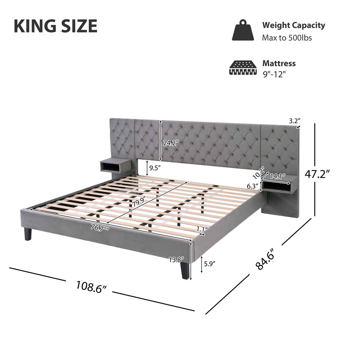 Meridia Platform Bed with Headboard, Modern Velvet Upholstered Platform Bed with 2 Nightstands, with diamond tufted