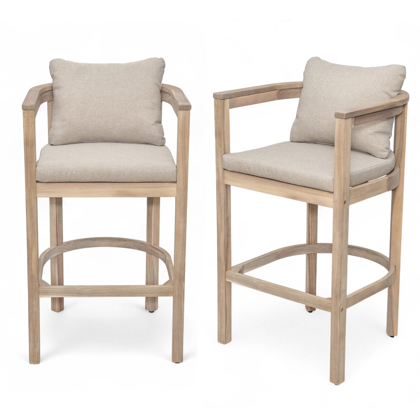 Abacoa Outdoor Barstool,Acacia Wood Finish with Beige Cushion, Set of 2