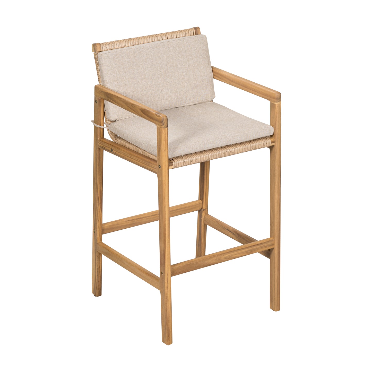 Yliraeth Wood Outdoor Barstool, Teak Finished Wood with Beige Cushion, Set of 2