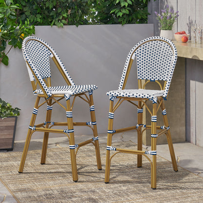 Altocanin 29.5" Outdoor PE Rattan French Barstool, White and Blue(Set of 2)