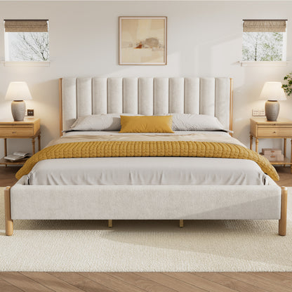 Punil Solid Wooden Bed Frame with Boucle Upholstered Thick Headboard