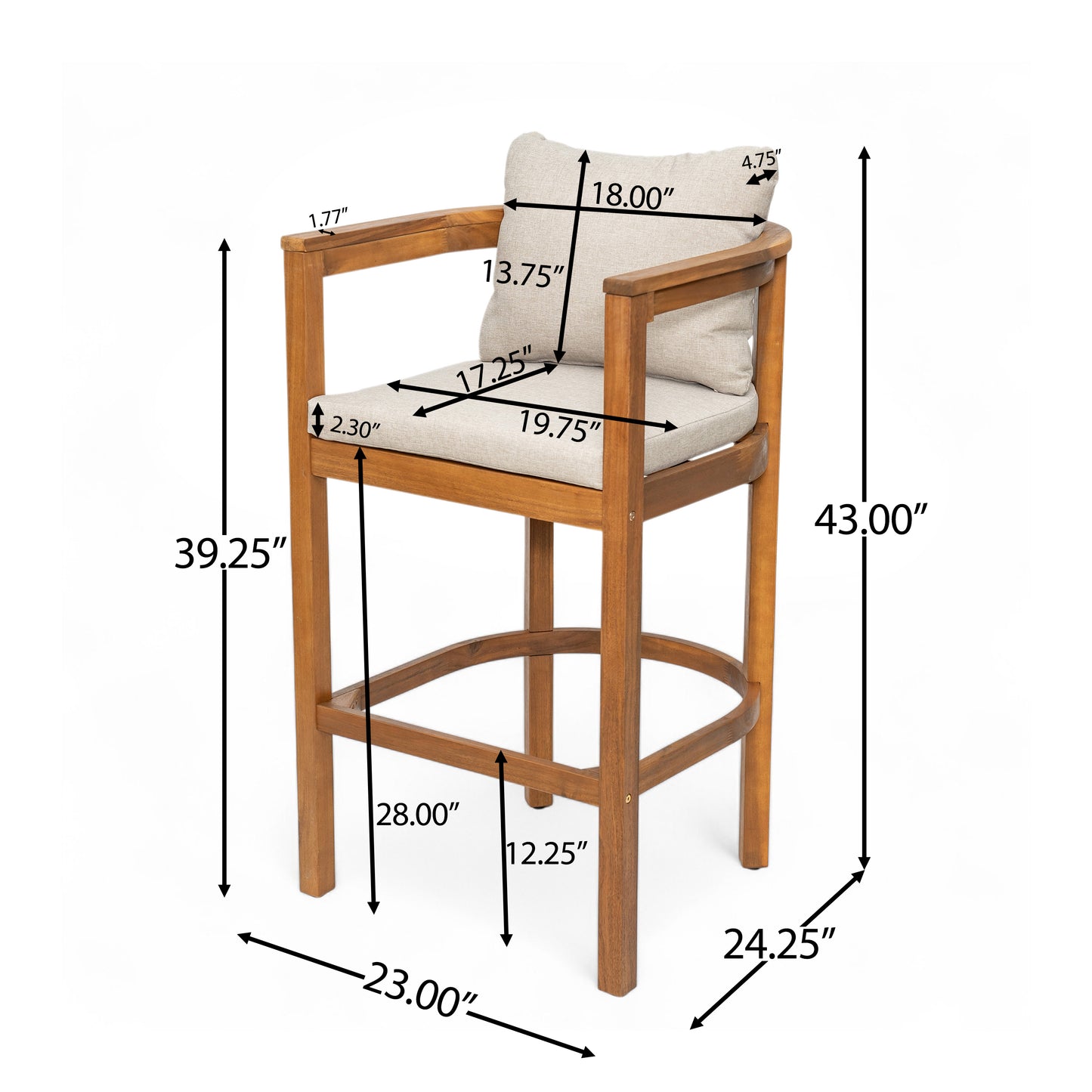 Abacoa Outdoor Barstool,Acacia Wood Finish with Beige Cushion, Set of 2