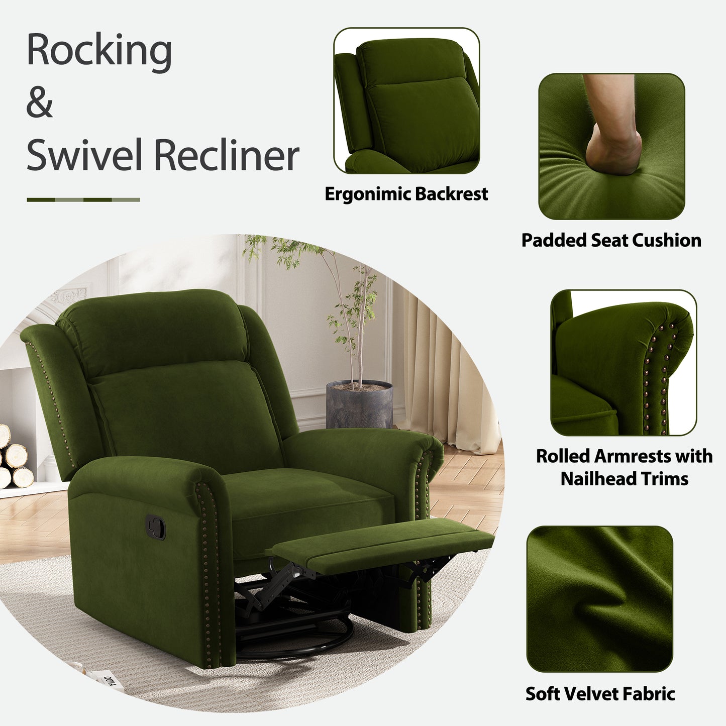 Nomae 360° Swivel Recliner Manual Rocking Recliner Home Theater Manual Recliner Chair