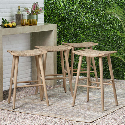 Dade Pulaski Outdoor Acacia Wood Barstool with Wicker, Set of 4