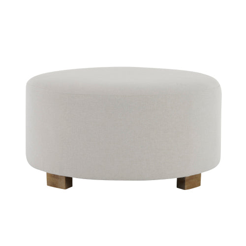DIndou White Fabric Round Ottoman with Wooden Legs, Modern Minimalist Ottoman