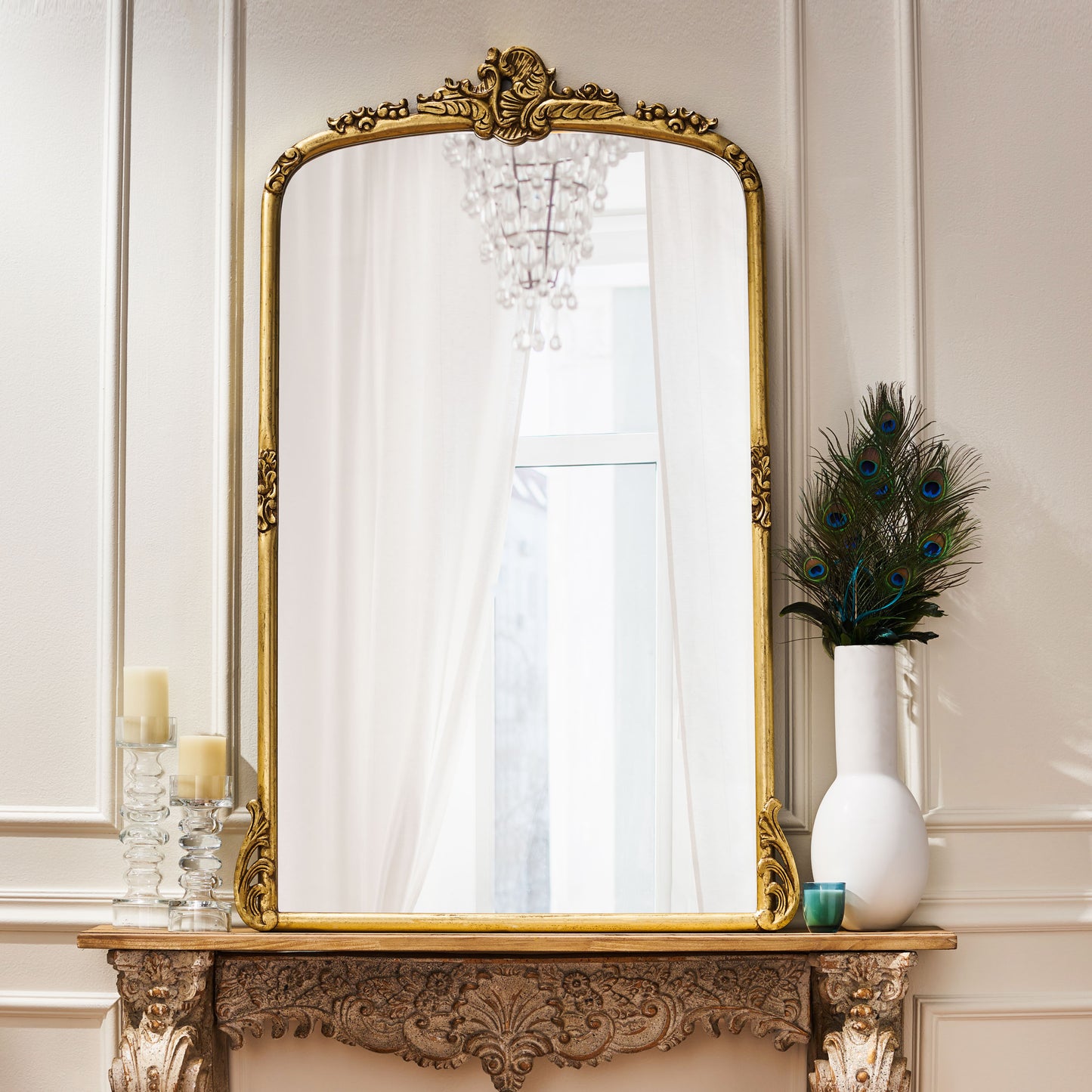 Andrea Traditional Handcrafted Over Mantle Mirror, Antique Gold
