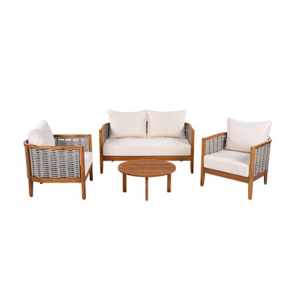 ThruBeam Outdoor Unique Tub Design 4-Seat Sofa Set with Woven Rope, 4 Pieces Acacia Wood Patio Furniture Set