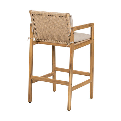 Yliraeth Wood Outdoor Barstool, Teak Finished Wood with Beige Cushion, Set of 2