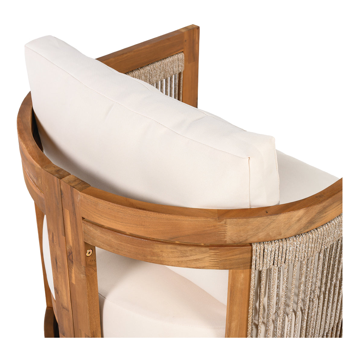 Languid Premium Acacia Wood Outdoor Club Chair, Curved Tub Design with Woven Rope Accents, Water-Resistant Cushions, All-Weather Slat Construction