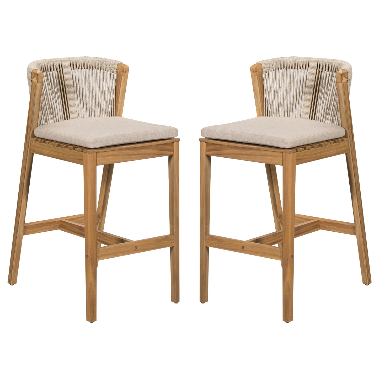 Ylisora Outdoor Barstool, Teak Finished Wood with Beige Cushion, Set of 2