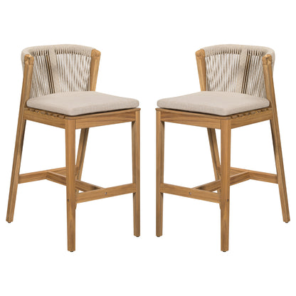 Ylisora Outdoor Barstool, Teak Finished Wood with Beige Cushion, Set of 2