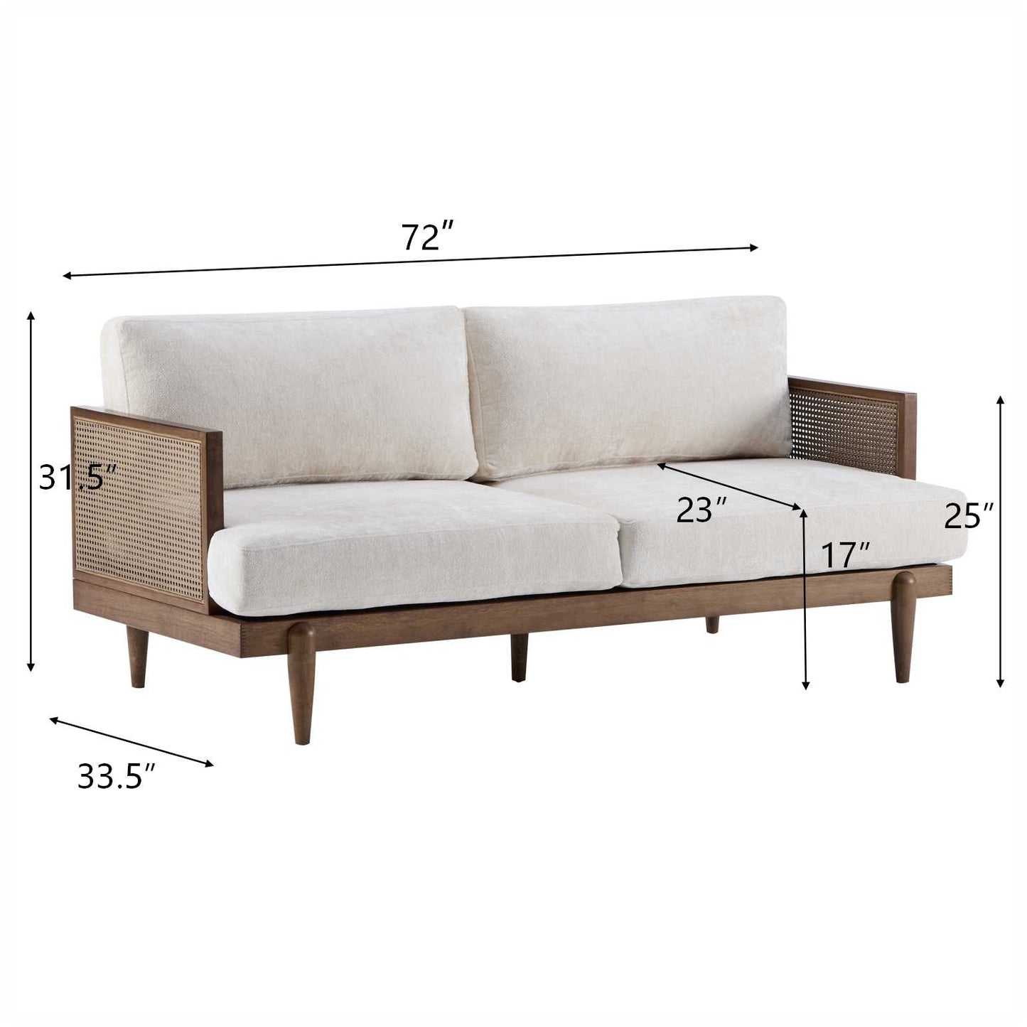 EMIR 72" Square Arm 3-Seater Sofa with Cane Rattan and Wooden Frame