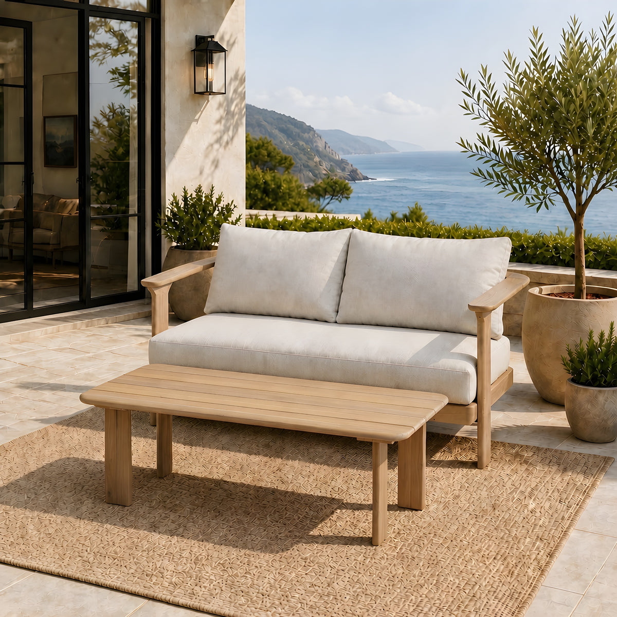 Scintilla Acacia Wood Outdoor Loveseat with Coffee Table, 2 Pcs Patio Furniture Set with Water Repellent Beige Cushions, Brown Frame, Ideal for Backyard Porch Balcony Deck