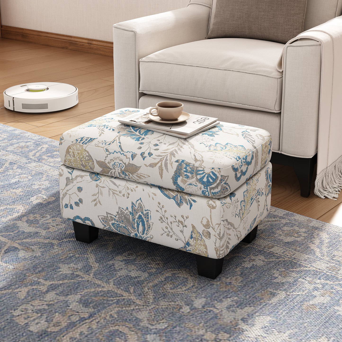Aurelia Upholstered Ottoman, Beige&Blue
