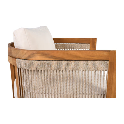 Languid Premium Acacia Wood Outdoor Club Chair, Curved Tub Design with Woven Rope Accents, Water-Resistant Cushions, All-Weather Slat Construction
