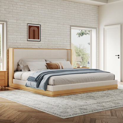 Wyndham Mid-Century Modern Wood Platform Bed – Warm Natural Frame with Beige Upholstered Headboard for Timeless Sophisticated Bedroom Retreat