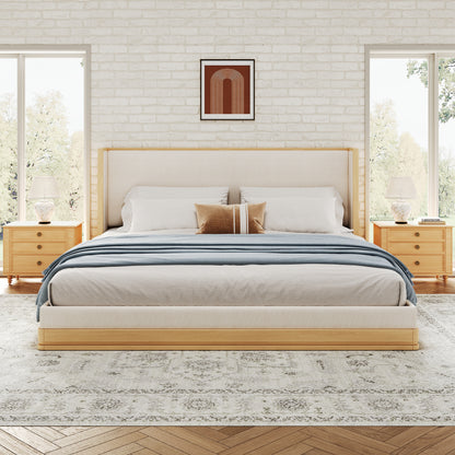Wyndham Mid-Century Modern Wood Platform Bed – Warm Natural Frame with Beige Upholstered Headboard for Timeless Sophisticated Bedroom Retreat