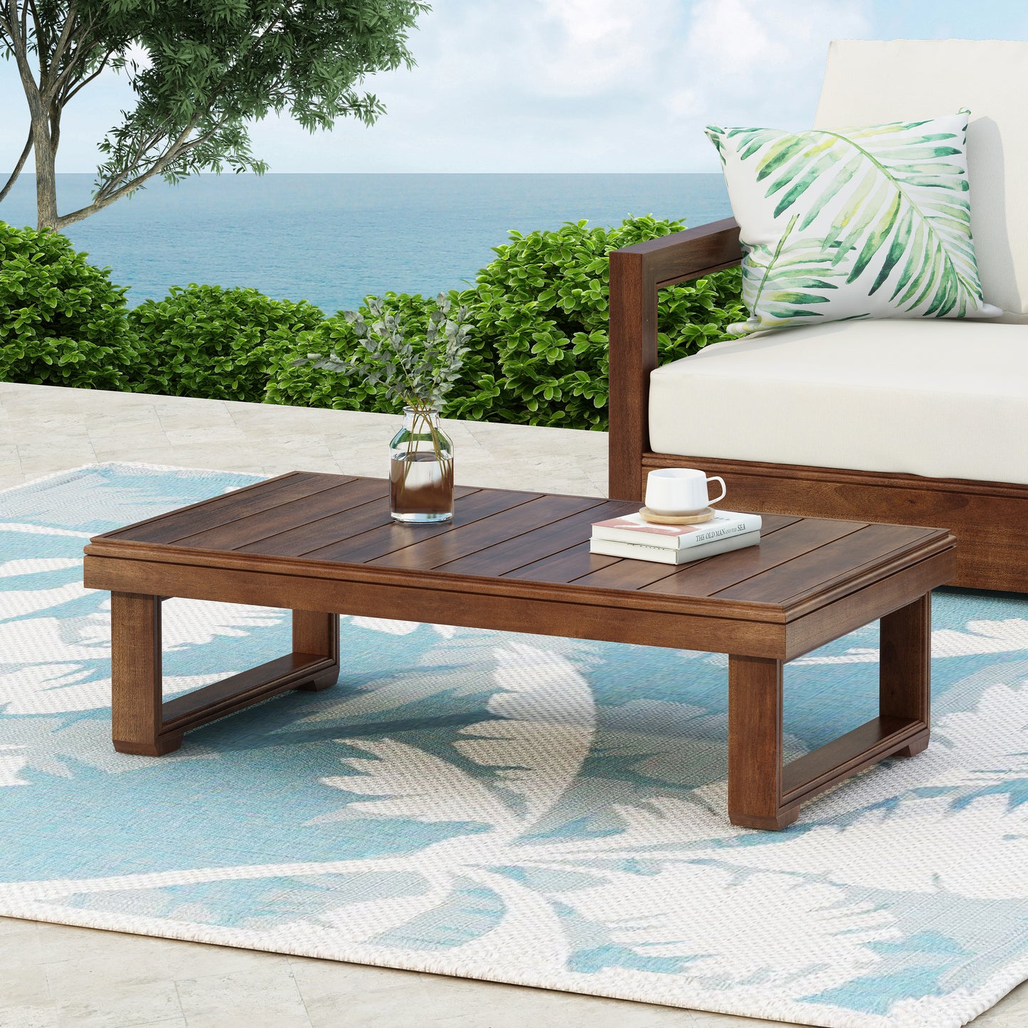 Andrae Outdoor Acacia Wood Rectangular Coffee Table