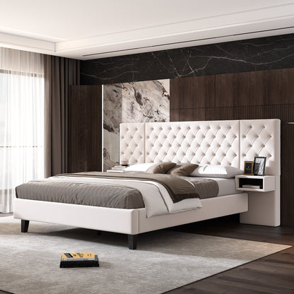 Meridia Platform Bed with Headboard, Modern Velvet Upholstered Platform Bed with 2 Nightstands, with diamond tufted