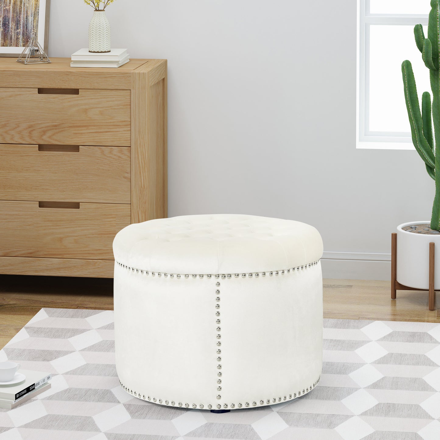 Peregrine Light luxury retro rivet decorative velvet ottoman, round cushioned stool