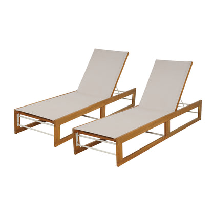 Leavitt Outdoor Mesh and Wood Adjustable Chaise Lounges, Set of 2