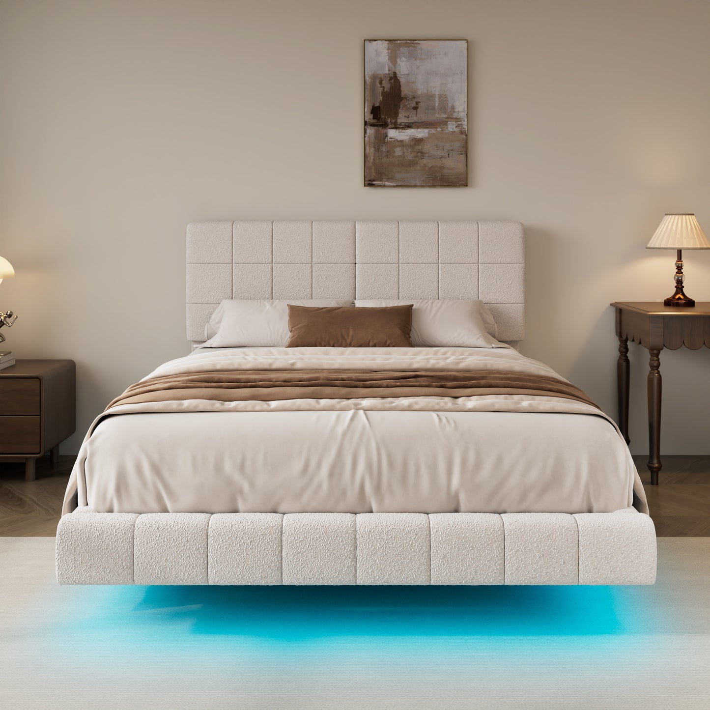 Anjelina Cloud-Like Boucle Floating Bed with Multicolor Mood Lighting