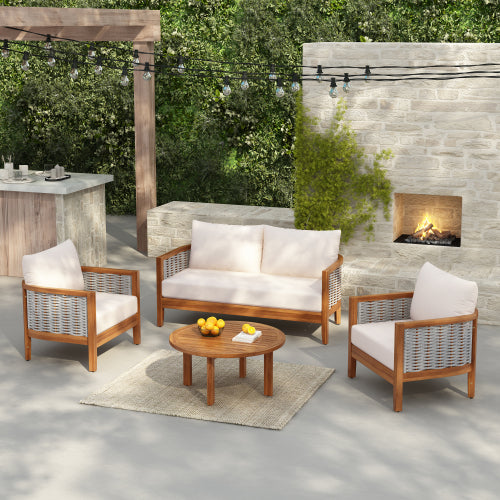ThruBeam Outdoor Unique Tub Design 4-Seat Sofa Set with Woven Rope, 4 Pieces Acacia Wood Patio Furniture Set