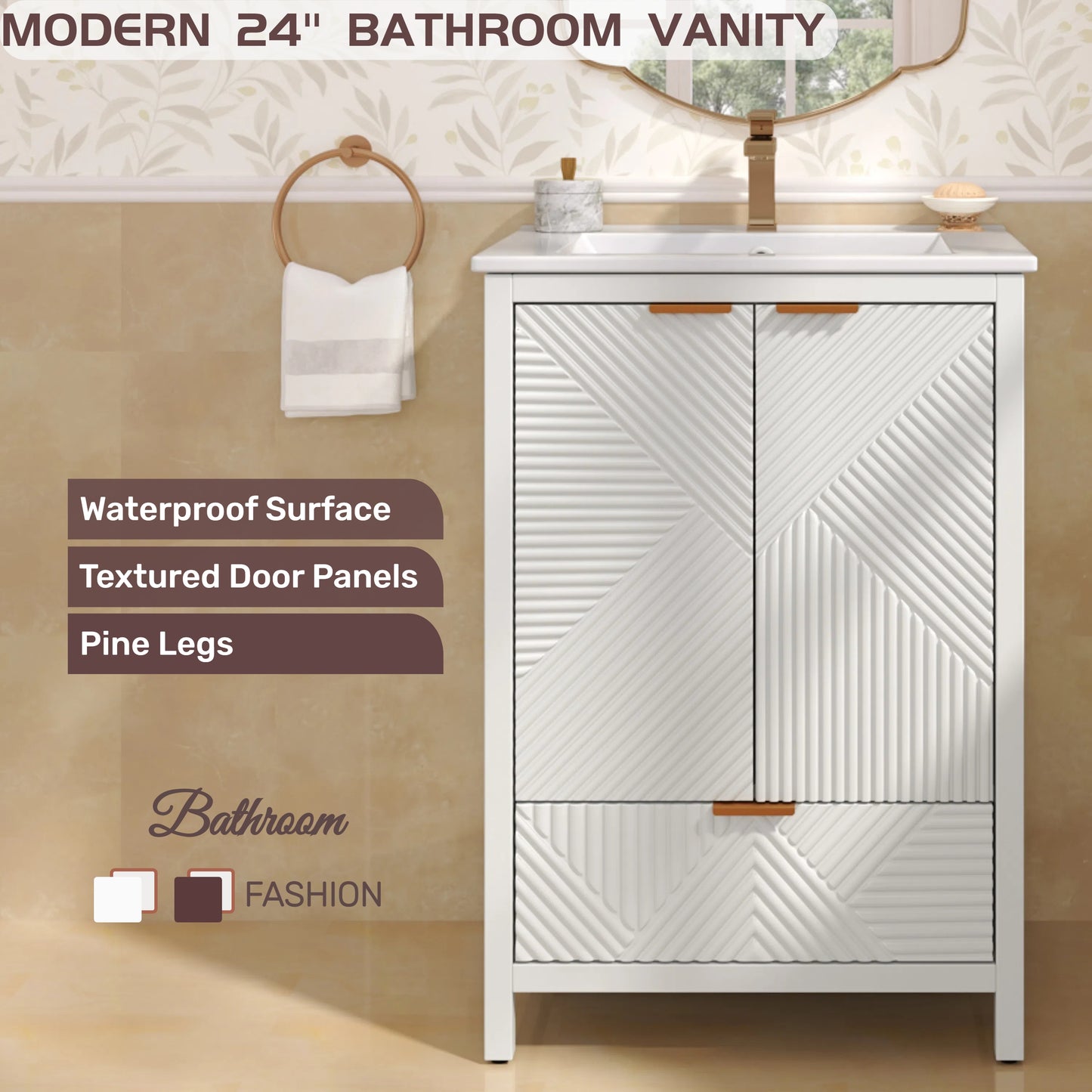 Felix 24 Inches Bathroom Vanity with Sink Combo, Modern Bathroom Vanity with Single Faucet Hole, Textured Door Panels