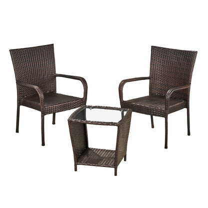 Parham Outdoor 3 Piece Multi-brown Wicker Stacking Chair Chat Set