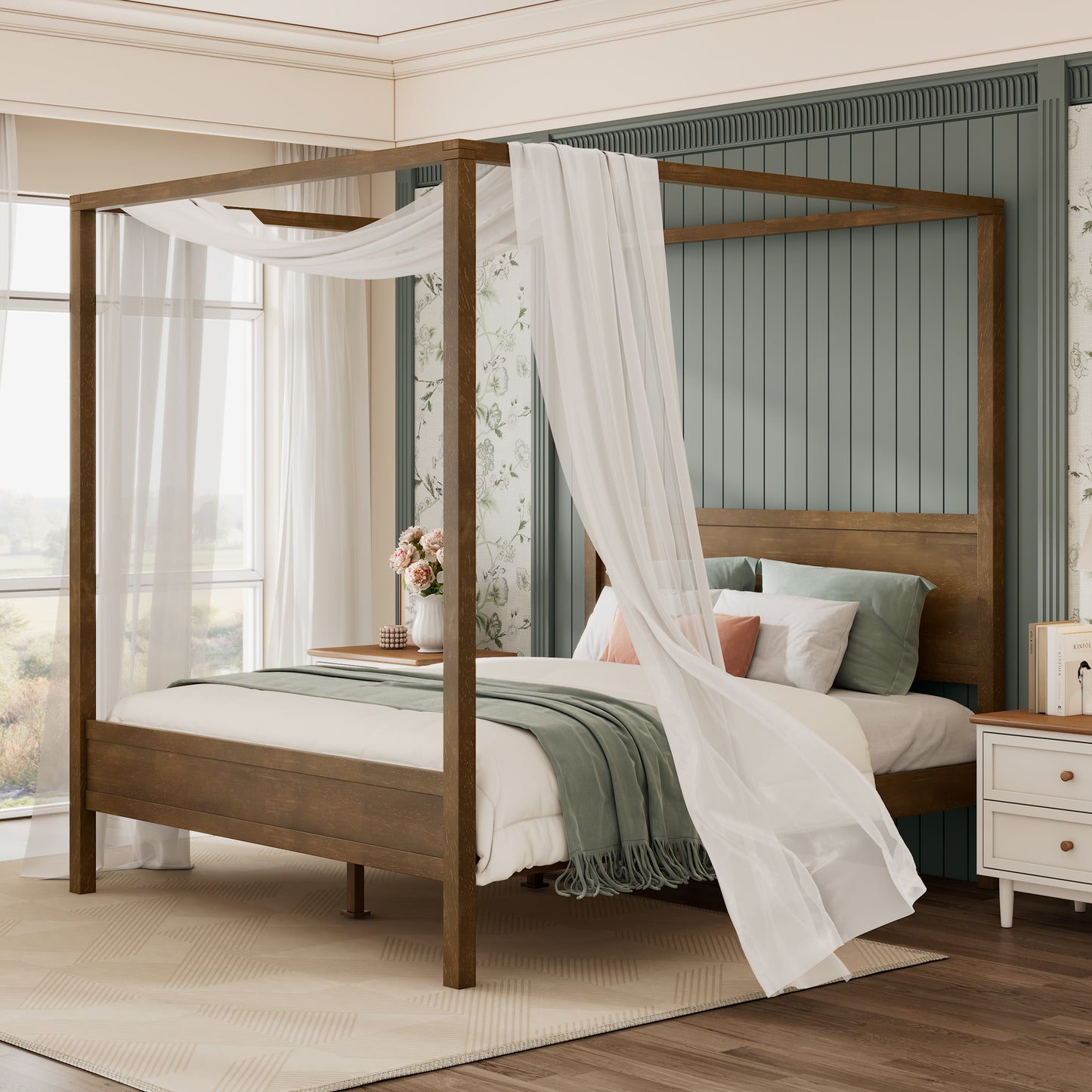 Quorcanor Queen Size Antique Oak Feature Solid Wood Canopy Bed