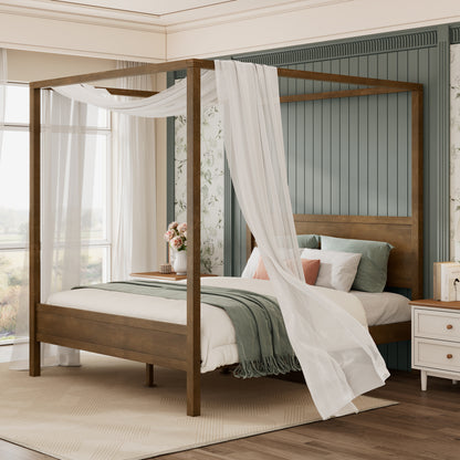 Quorcanor Queen Size Antique Oak Feature Solid Wood Canopy Bed