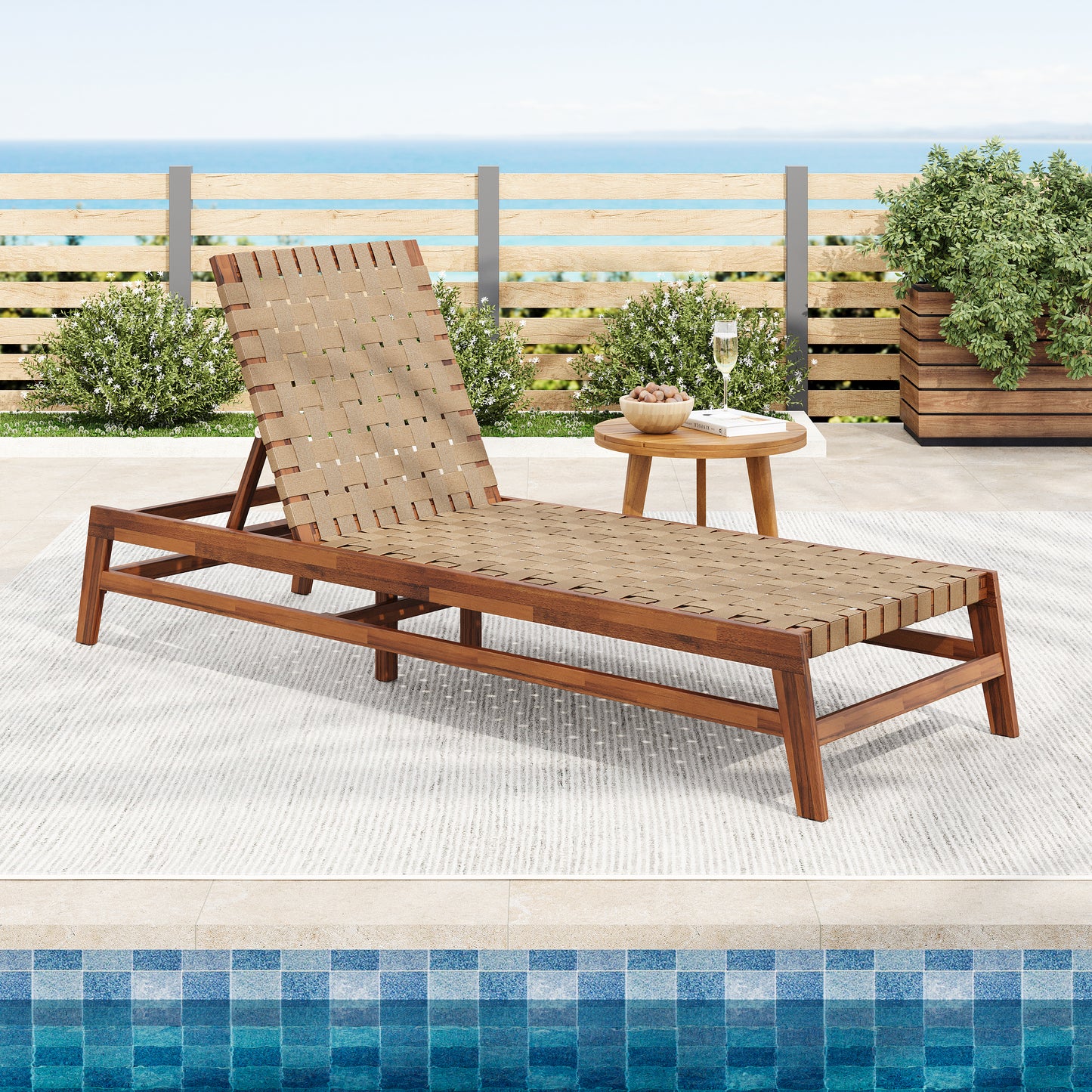 Rionaris Outdoor Acacia Wood Rope Chaise Lounge Adjustable 4-Position Recliner