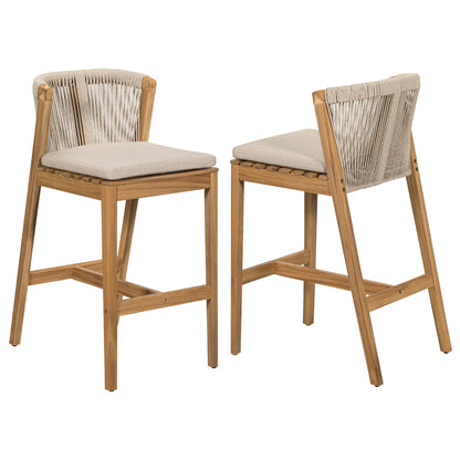 Ylisora Outdoor Barstool, Teak Finished Wood with Beige Cushion, Set of 2