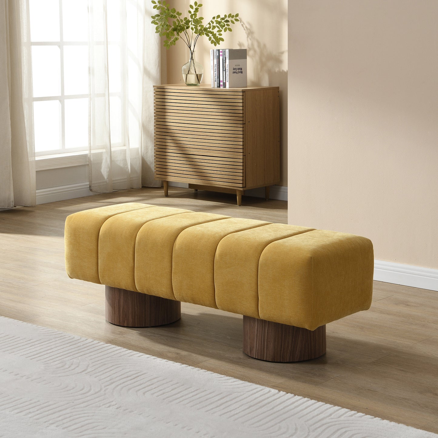 Sylithar Chenille Fabric Upholstered Dining Bench, End of Bed Entryway Bench Ottoman