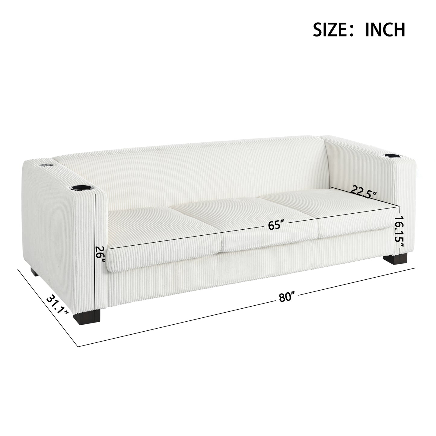 Modern three-seat Solid Wood sofa in striped finish with two cup holders