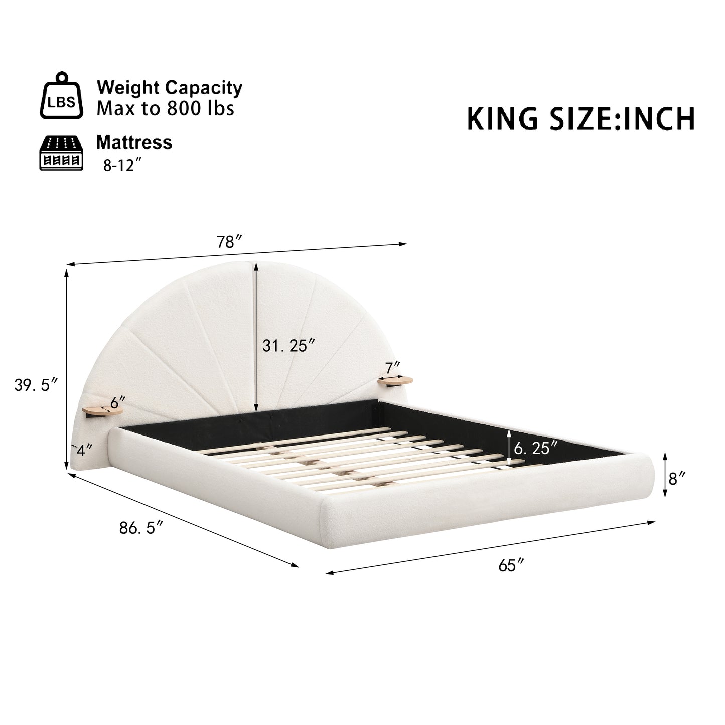 Nylorith Modern Nordic Design Unique Arched Boucle Bed with Small Table,Queen