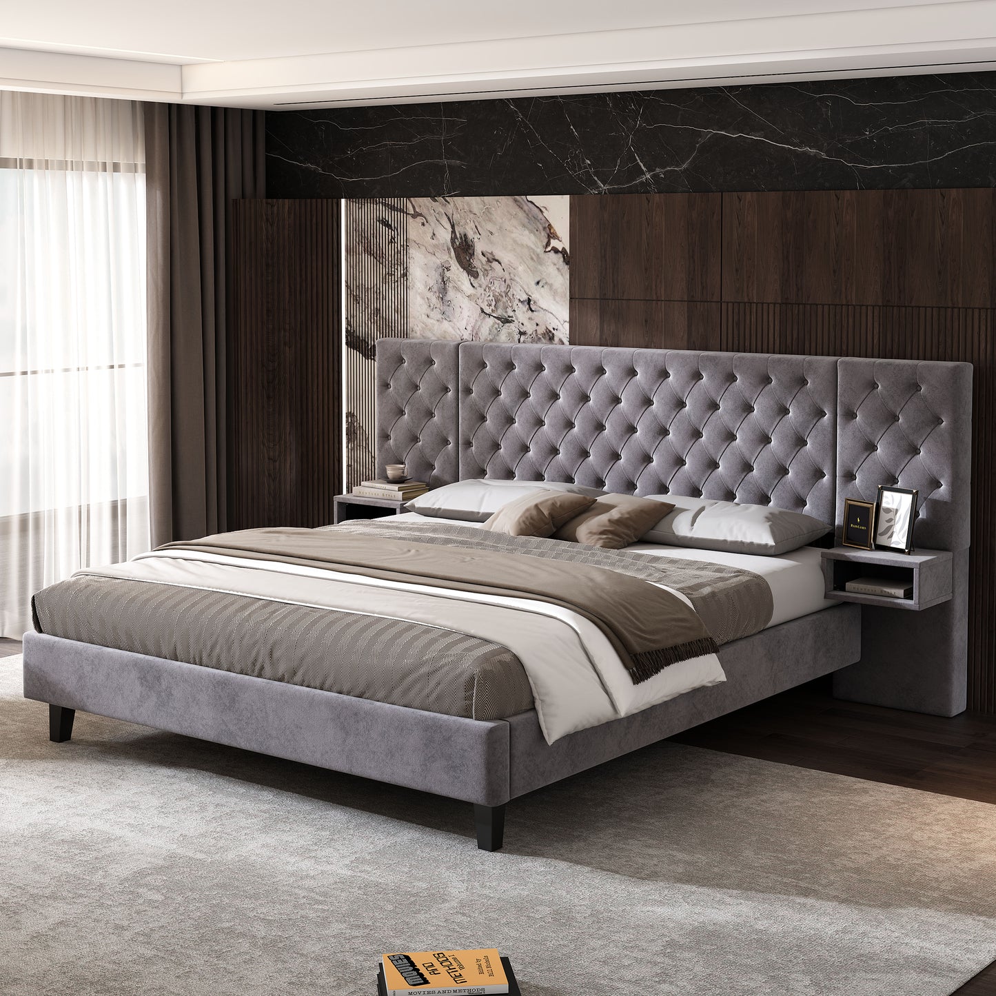 Meridia Platform Bed with Headboard, Modern Velvet Upholstered Platform Bed with 2 Nightstands, with diamond tufted