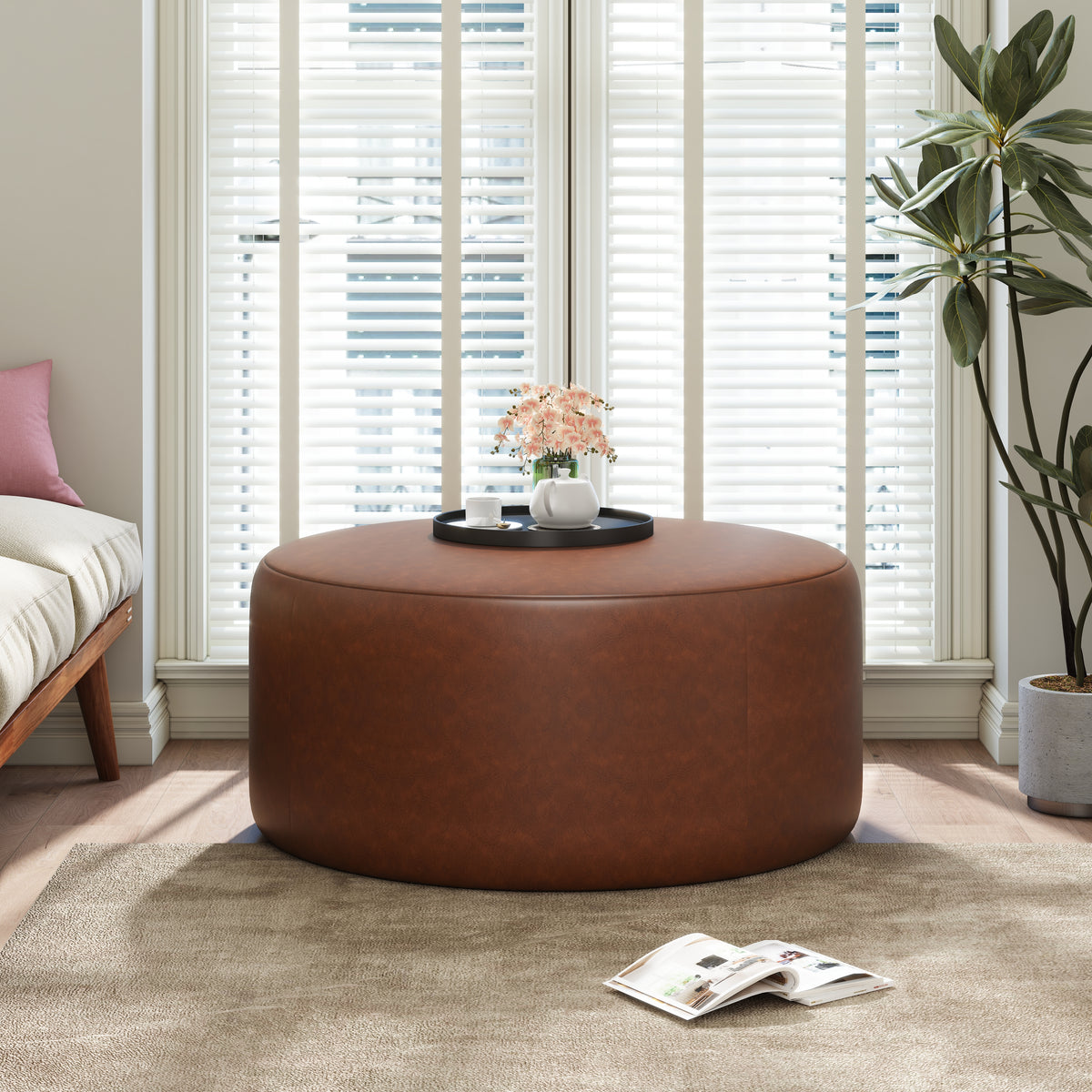 Placidity GAVI PU Leather Ottoman Foot Stool, 30" Pouf Footstool Ottoman Seat, Upholstered Foot Chair, Round Footrest, Modern Side Table for Living Room Bedroom Home Decor, Cognac Brown