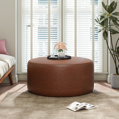 Placidity GAVI PU Leather Ottoman Foot Stool, 30" Pouf Footstool Ottoman Seat, Upholstered Foot Chair, Round Footrest, Modern Side Table for Living Room Bedroom Home Decor, Cognac Brown