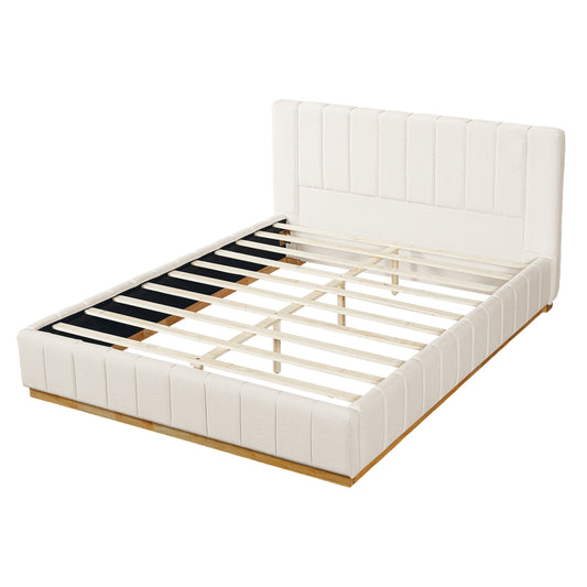 Cosima Beige Striped Fabric Upholstered Bed – Modern Minimalist Platform Design with Elegant Subtle Lines for Serene Contemporary Bedrooms