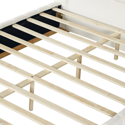 Cosima Beige Striped Fabric Upholstered Bed – Modern Minimalist Platform Design with Elegant Subtle Lines for Serene Contemporary Bedrooms
