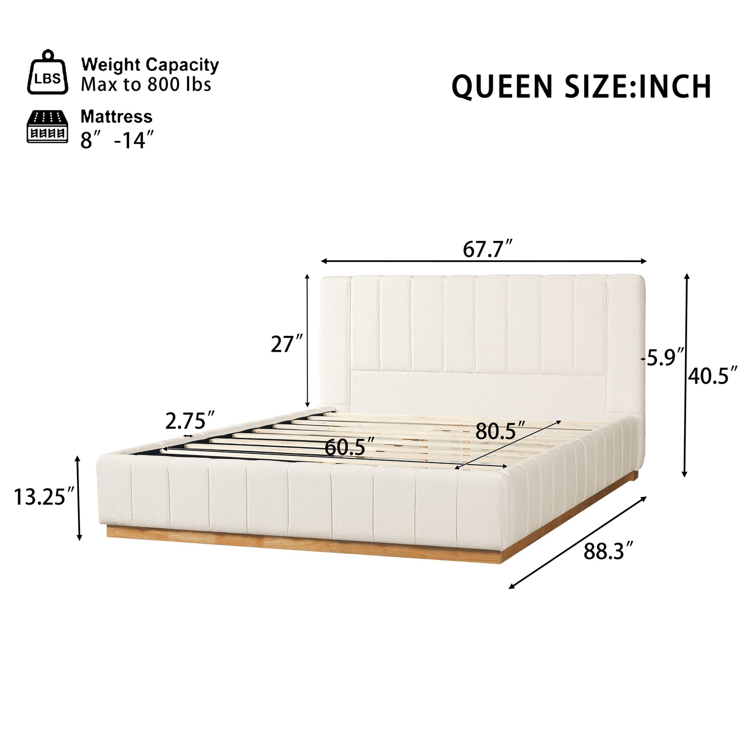 Cosima Beige Striped Fabric Upholstered Bed – Modern Minimalist Platform Design with Elegant Subtle Lines for Serene Contemporary Bedrooms