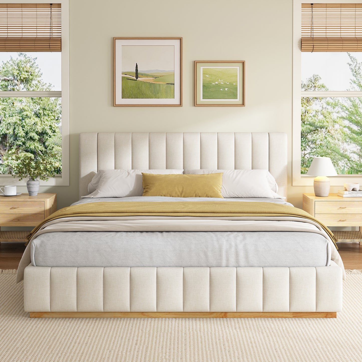 Cosima Beige Striped Fabric Upholstered Bed – Modern Minimalist Platform Design with Elegant Subtle Lines for Serene Contemporary Bedrooms