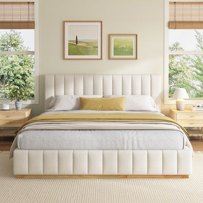 Cosima Beige Striped Fabric Upholstered Bed – Modern Minimalist Platform Design with Elegant Subtle Lines for Serene Contemporary Bedrooms