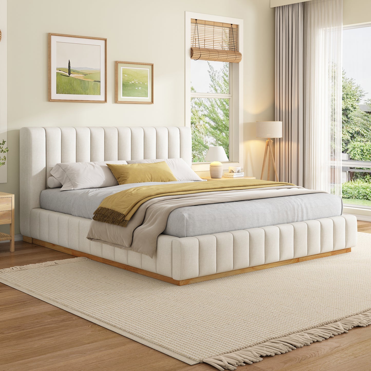 Cosima Beige Striped Fabric Upholstered Bed – Modern Minimalist Platform Design with Elegant Subtle Lines for Serene Contemporary Bedrooms