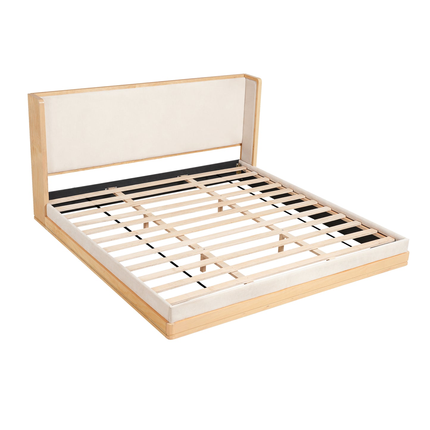 Wyndham Mid-Century Modern Wood Platform Bed – Warm Natural Frame with Beige Upholstered Headboard for Timeless Sophisticated Bedroom Retreat