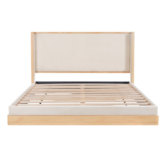 Wyndham Mid-Century Modern Wood Platform Bed – Warm Natural Frame with Beige Upholstered Headboard for Timeless Sophisticated Bedroom Retreat