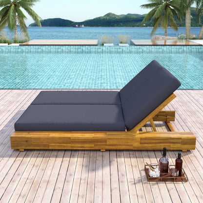 Junipar Outdoor Double Chaise Lounge, Acacia Wood, 4 Position Adjustable Back, 800lbs Capacity