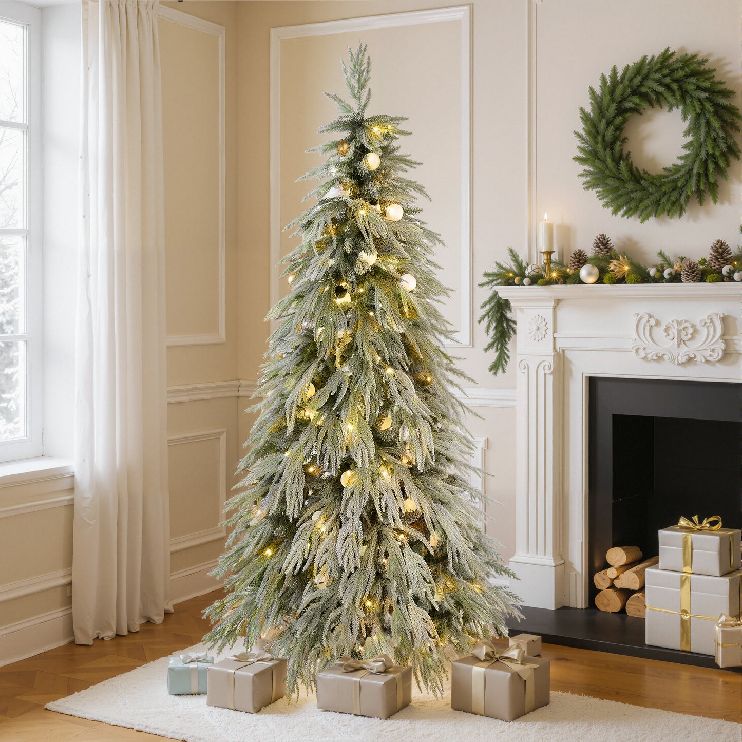 Stellan 6FT Pre-Lit Spruce Snow Flocked Christmas Tree, Artificial Hinged Xmas Tree with LED Lights, Holiday Office Home Décor